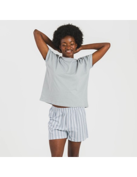 Pijama corto manga fluida algodón mujer Raya Marsella indigo