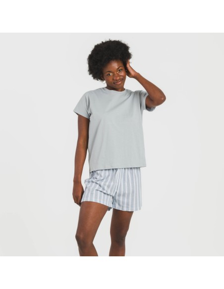 Pijama corto manga fluida algodón mujer Raya Marsella indigo