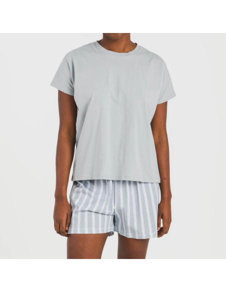 Pijama corto manga fluida algodón mujer Raya Marsella indigo