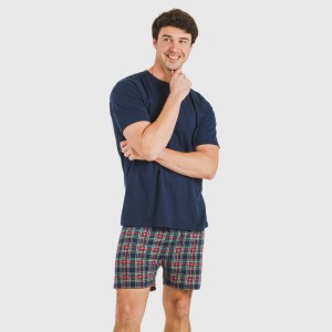 Pijama corto algodón hombre Cuadro Cefiro azul