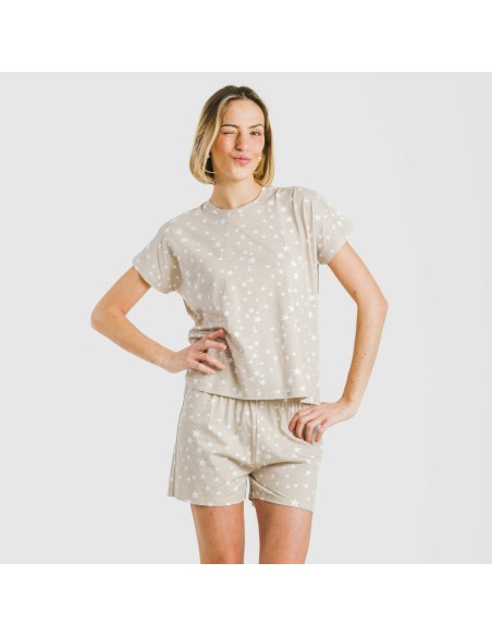 Pijama corto manga fluida algodón mujer Estrellita arena Pijama corto manga fluida algodón mujer Estrellita arena