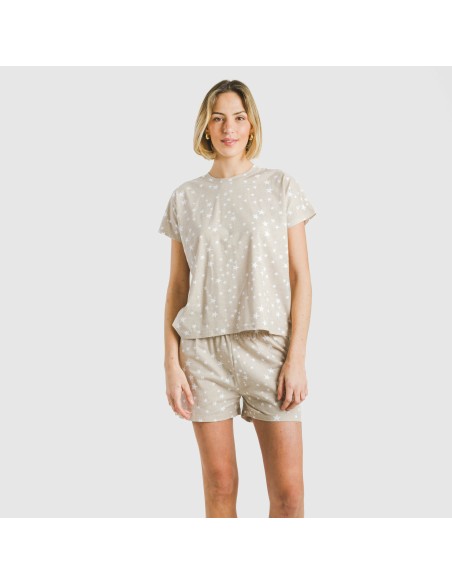 Pijama corto manga fluida algodón mujer Estrellita arena Pijama corto manga fluida algodón mujer Estrellita arena