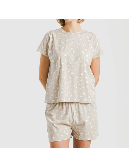 Pijama corto manga fluida algodón mujer Estrellita arena Pijama corto manga fluida algodón mujer Estrellita arena