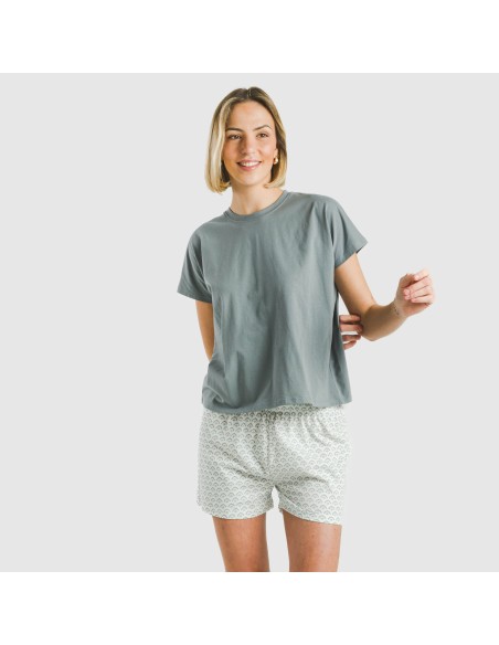 Pijama corto manga fluida algodón mujer Xenia verde azulado Pijama corto manga fluida algodón mujer Xenia verde azulado
