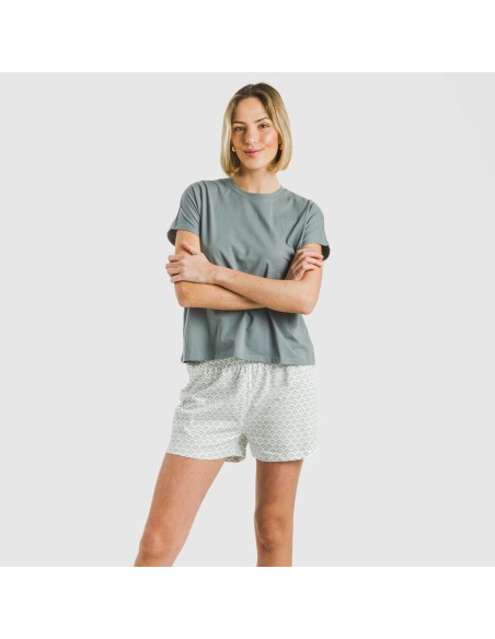 Pijama corto manga fluida algodón mujer Xenia verde azulado Pijama corto manga fluida algodón mujer Xenia verde azulado