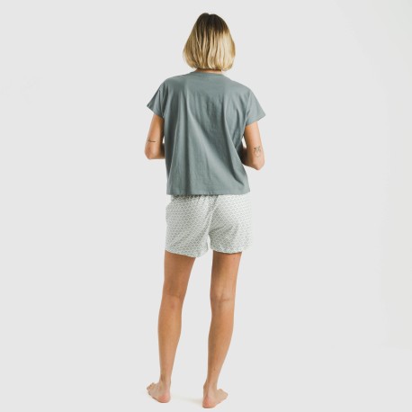 Pijama corto manga fluida algodón mujer Xenia verde azulado
