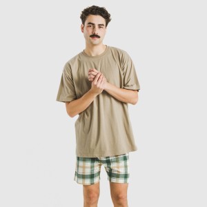 Pijama corto algodón hombre Cuadro Noric arena