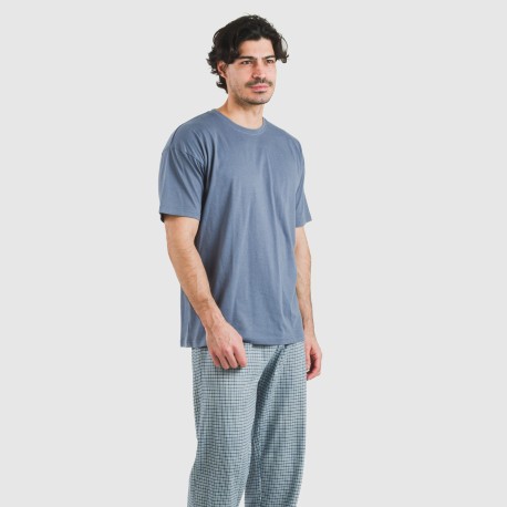 Pijama largo manga corta algodón hombre Cuadro Kike azul