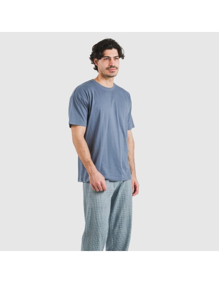 Pijama largo manga corta algodón hombre Cuadro Kike azul