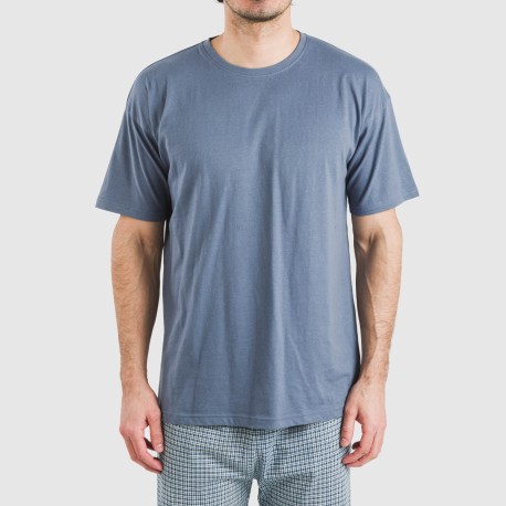 Pijama largo manga corta algodón hombre Cuadro Kike azul