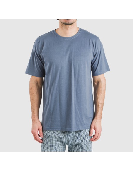 Pijama largo manga corta algodón hombre Cuadro Kike azul