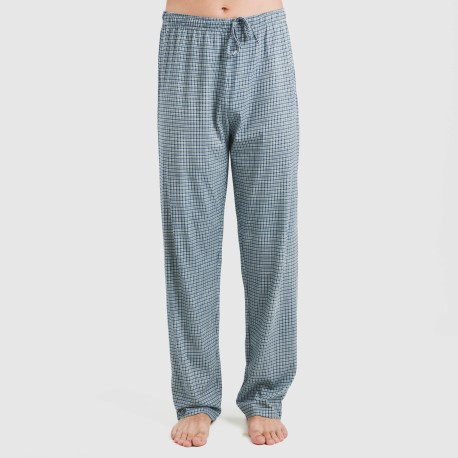 Pijama largo manga corta algodón hombre Cuadro Kike azul