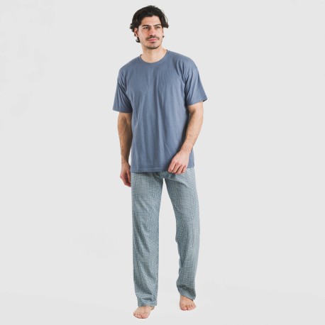 Pijama largo manga corta algodón hombre Cuadro Kike azul