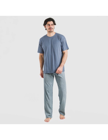 Pijama largo manga corta algodón hombre Cuadro Kike azul