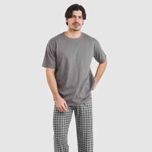 Pijama largo manga corta algodón hombre Cuadro Roberto gris