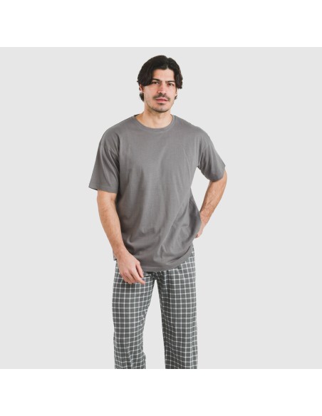 Pijama largo manga corta algodón hombre Cuadro Roberto gris Pijama largo manga corta algodón hombre Cuadro Roberto gris