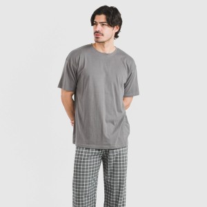 Pijama largo manga corta algodón hombre Cuadro Roberto gris 2