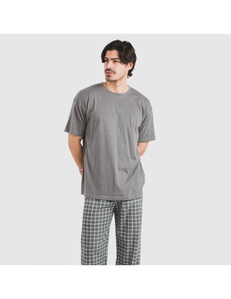 Pijama largo manga corta algodón hombre Cuadro Roberto gris Pijama largo manga corta algodón hombre Cuadro Roberto gris