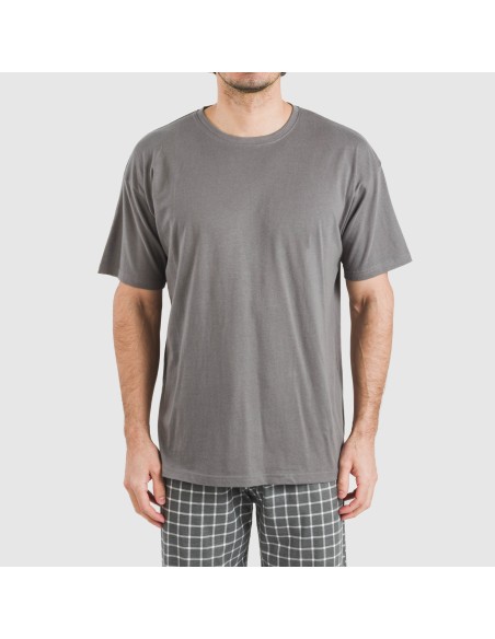 Pijama largo manga corta algodón hombre Cuadro Roberto gris Pijama largo manga corta algodón hombre Cuadro Roberto gris