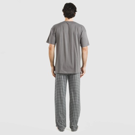 Pijama largo manga corta algodón hombre Cuadro Roberto gris