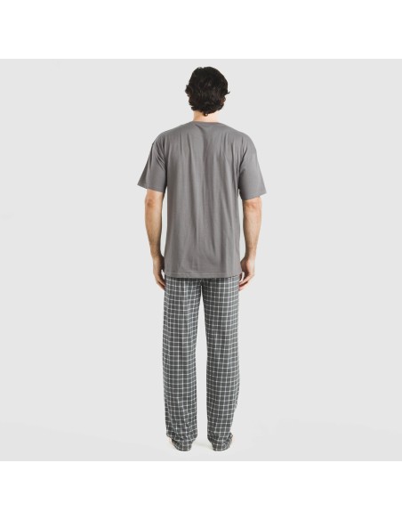 Pijama largo manga corta algodón hombre Cuadro Roberto gris Pijama largo manga corta algodón hombre Cuadro Roberto gris