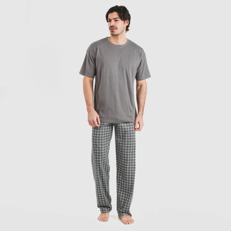 Pijama largo manga corta algodón hombre Cuadro Roberto gris