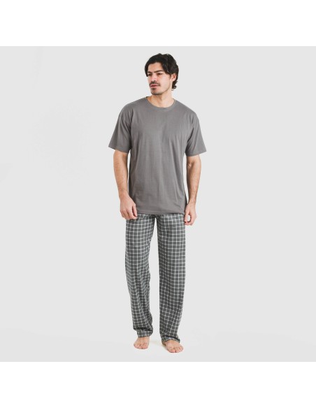 Pijama largo manga corta algodón hombre Cuadro Roberto gris Pijama largo manga corta algodón hombre Cuadro Roberto gris
