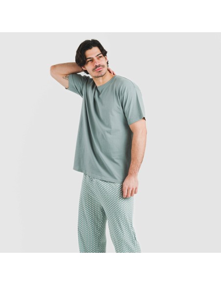 Pijama largo manga corta algodón hombre Sassy verde azulado Pijama largo manga corta algodón hombre Sassy verde azulado