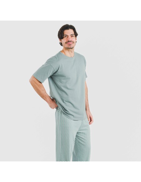 Pijama largo manga corta algodón hombre Sassy verde azulado Pijama largo manga corta algodón hombre Sassy verde azulado
