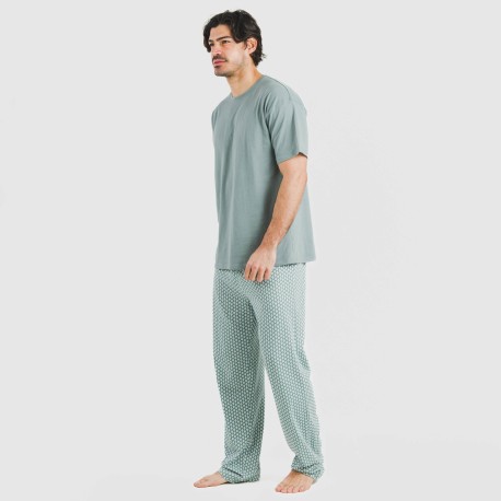 Pijama largo manga corta algodón hombre Sassy verde azulado
