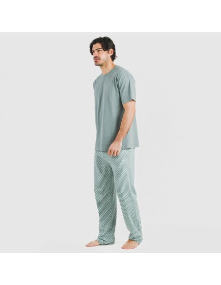 Pijama largo manga corta algodón hombre Sassy verde azulado Pijama largo manga corta algodón hombre Sassy verde azulado