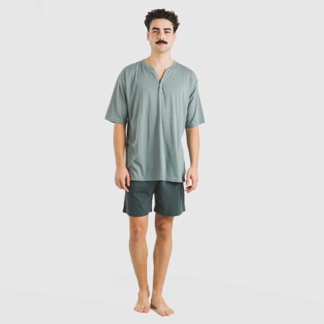 Pijama corto hombre con botones verde azul claro - oscuro