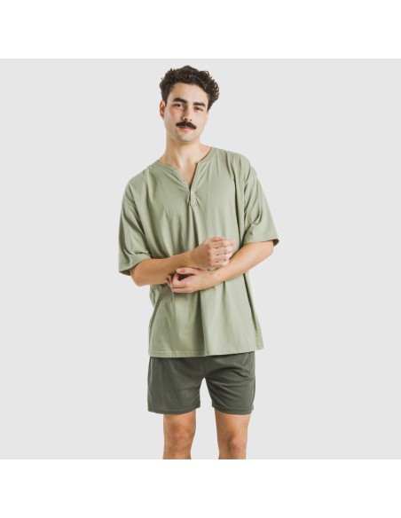 Pijama corto hombre con botones verde claro - verde oscuro