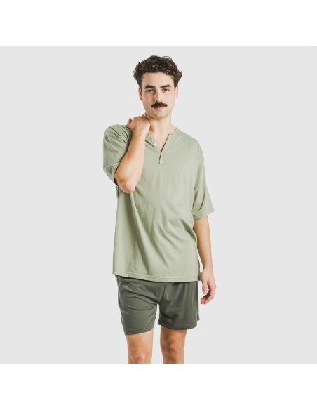 Pijama corto hombre con botones verde claro - verde oscuro
