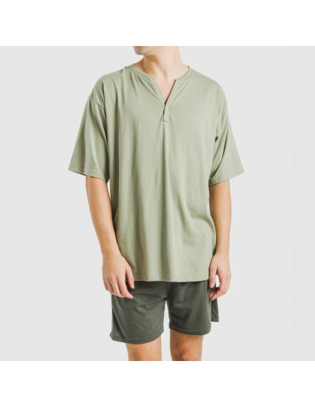Pijama corto hombre con botones verde claro - verde oscuro