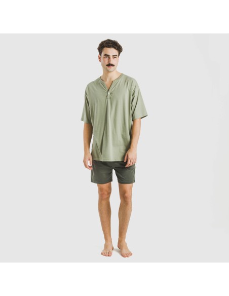 Pijama corto hombre con botones verde claro - verde oscuro