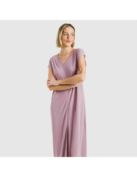 Vestido largo manga fluida viscosa liso Vestido largo manga fluida viscosa liso