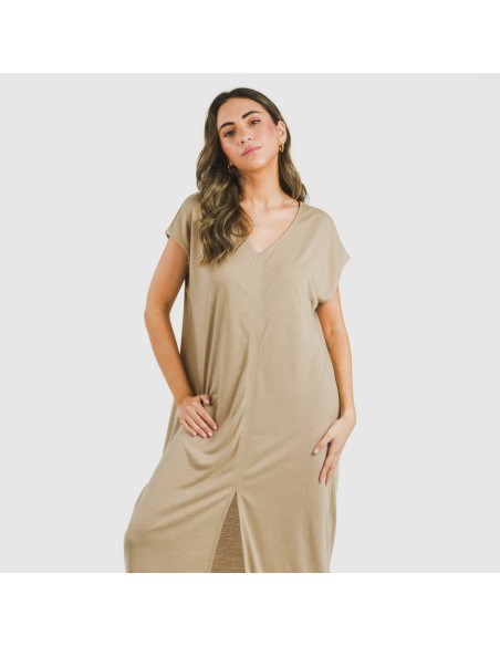 Vestido largo manga fluida viscosa liso Vestido largo manga fluida viscosa liso