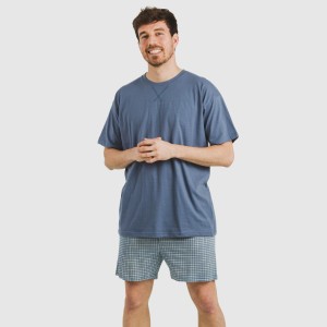 Pijama corto algodón hombre Cuadro Kike azul