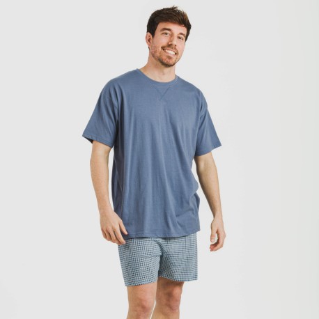 Pijama corto algodón hombre Cuadro Kike azul