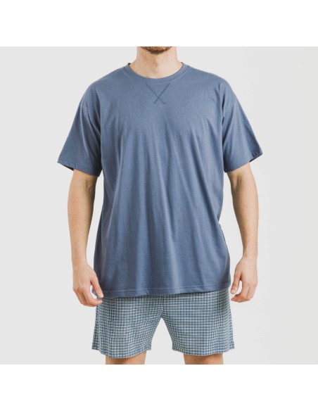 Pijama corto algodón hombre Cuadro Kike azul