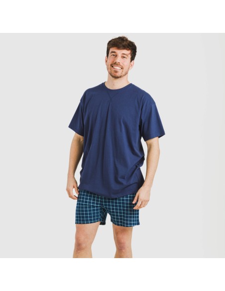 Pijama corto algodón hombre Cuadro Edesia azul