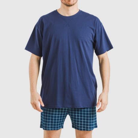 Pijama corto algodón hombre Cuadro Edesia azul
