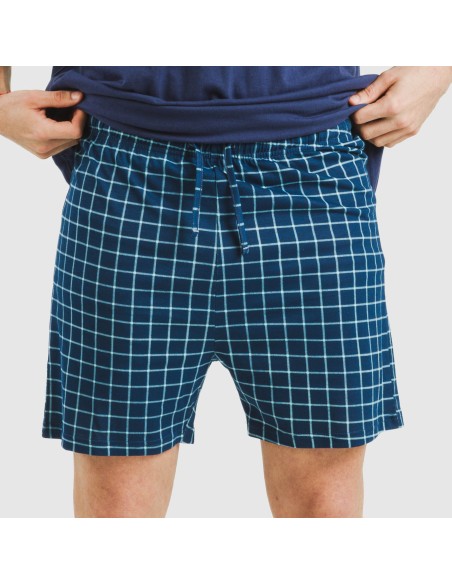 Pijama corto algodón hombre Cuadro Edesia azul