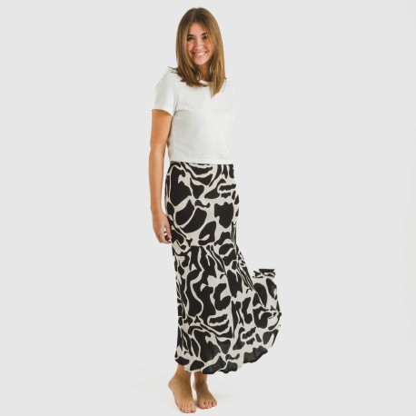 Falda midi viscosa bambula Teudis beige - negro