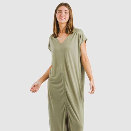 Vestido largo manga fluida viscosa liso