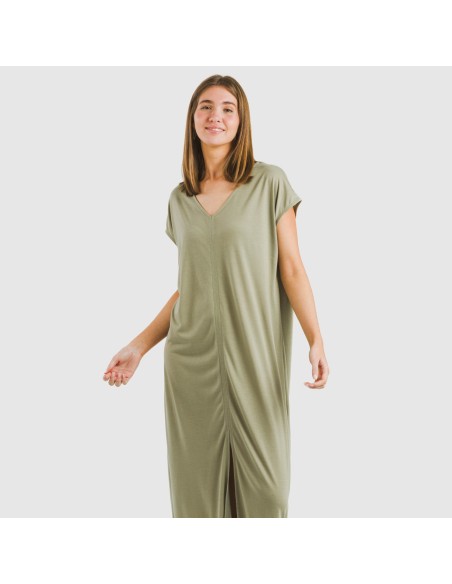 Vestido largo manga fluida viscosa liso Vestido largo manga fluida viscosa liso