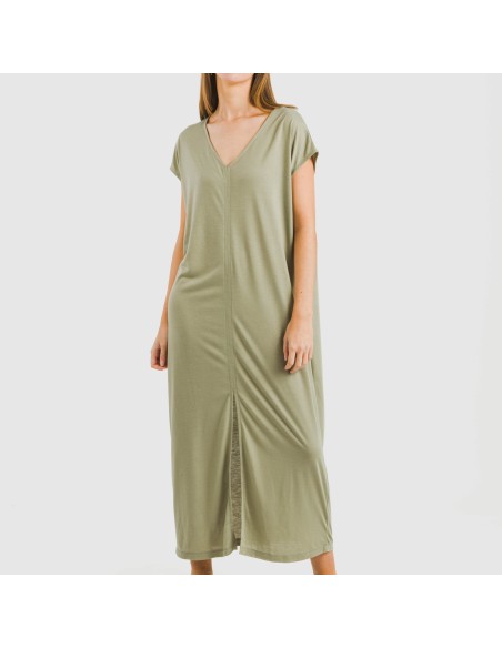 Vestido largo manga fluida viscosa liso Vestido largo manga fluida viscosa liso