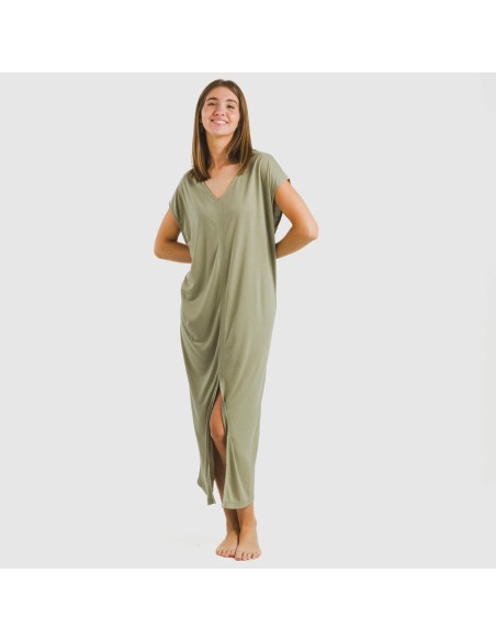 Vestido largo manga fluida viscosa liso Vestido largo manga fluida viscosa liso