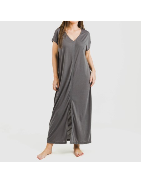 Vestido largo manga fluida viscosa liso Vestido largo manga fluida viscosa liso